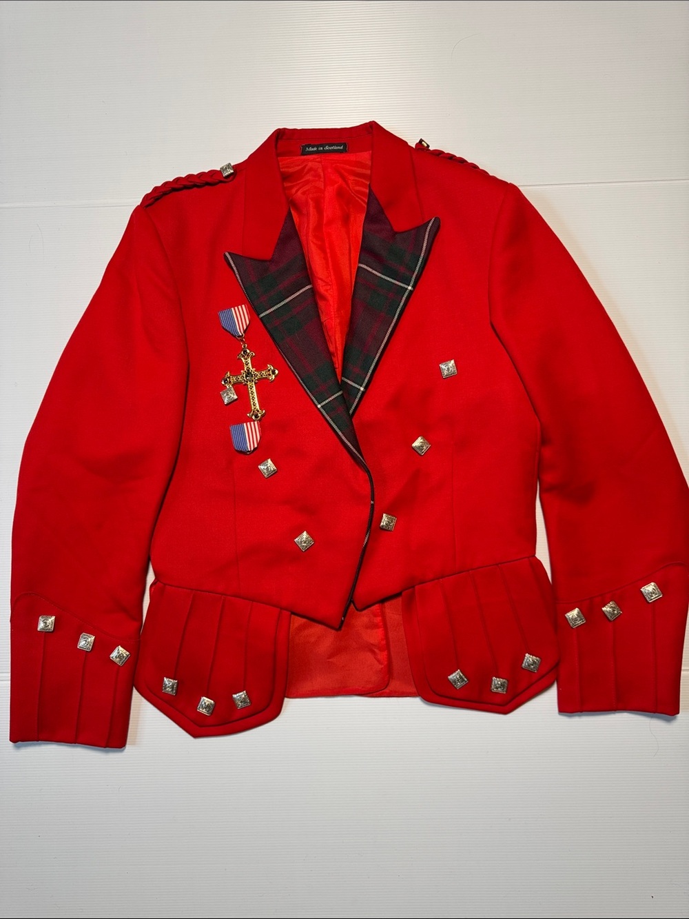 KINLOCH ANDERSON Kilt Jacket Red Military-Inspired 100% Wool Scotland Plaid